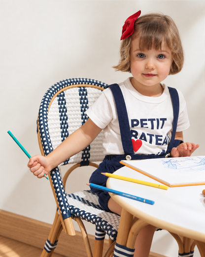 Mon Petit Paris Kids Rattan Bistro Chairs and Table Set - Navy and White Stripes