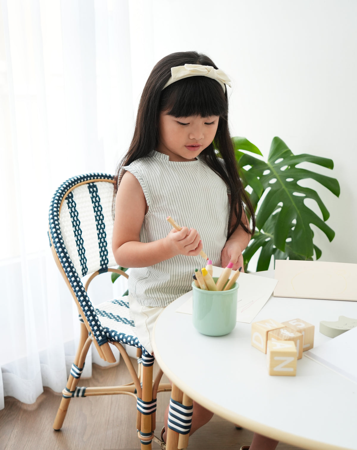 Mon Petit Paris Kids Rattan Bistro Chairs and Table Set - Navy and White Stripes