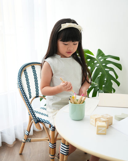 Mon Petit Paris Kids Rattan Bistro Chairs and Table Set - Navy and White Stripes